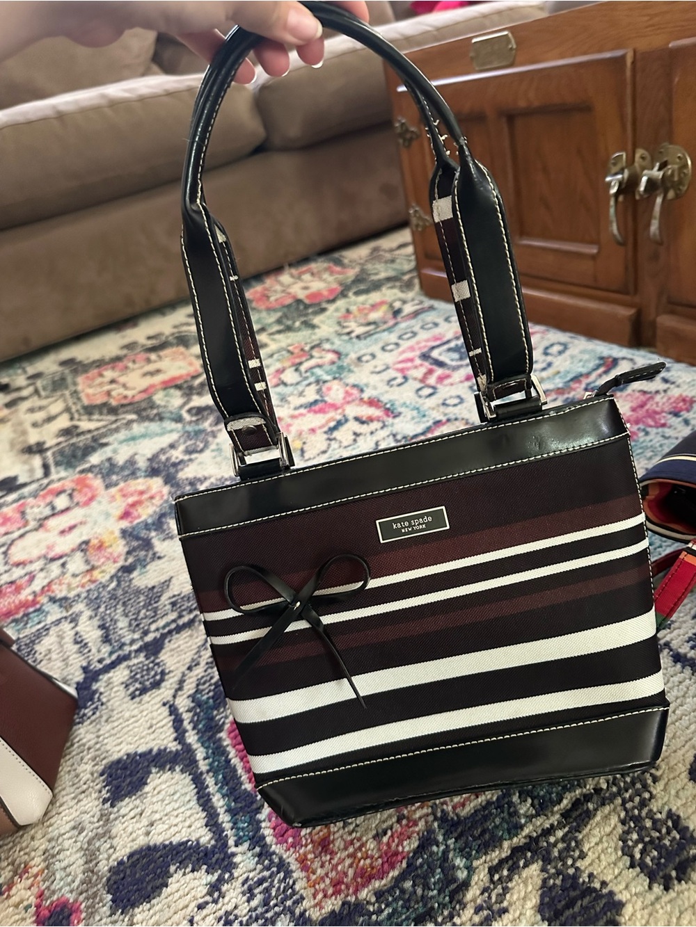 kate spade black and brown striped bow tote
